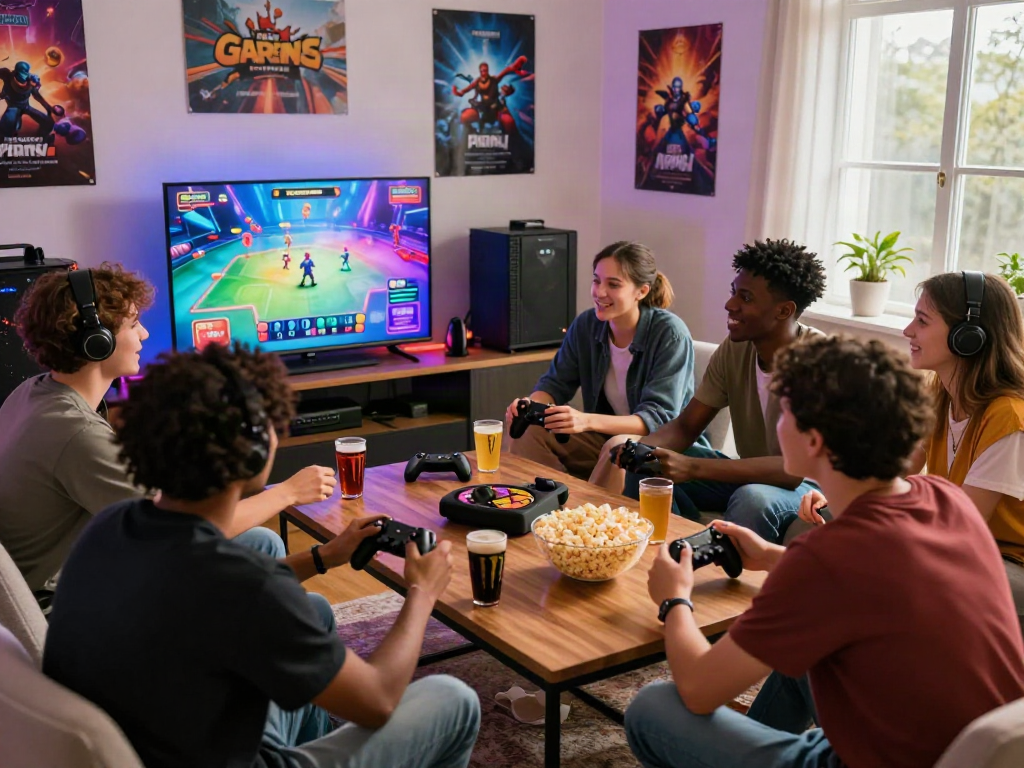 Friends enjoying a vibrant porngame session with snacks in a cozy, lively gaming environment.