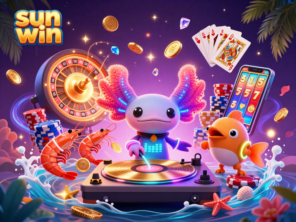 Spin and win at sun win, featuring a neon axolotl DJ and vibrant casino elements.