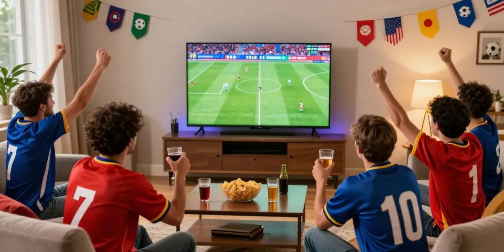 Fans enjoying a thrilling football game on Xoilactv, celebrating with snacks and drinks.