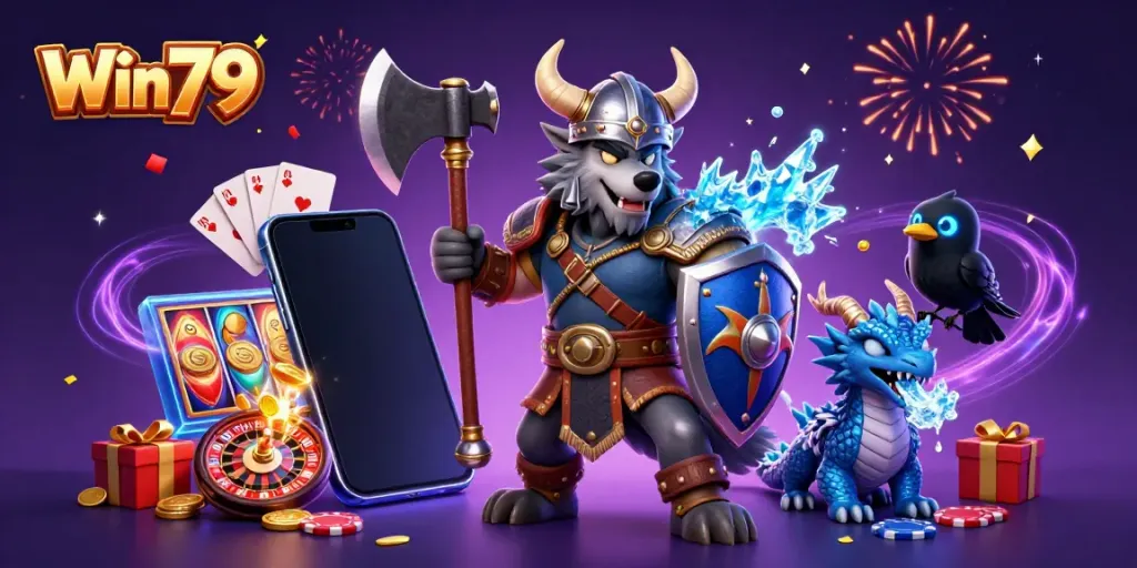 Win79 Viking warrior conquering the online gaming scene with dynamic slots and casino games.