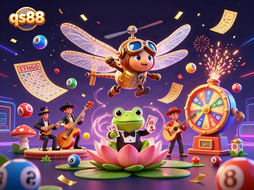 qs88 captivates players with vibrant casino elements, featuring a dragonfly pilot and frog croupier in action.