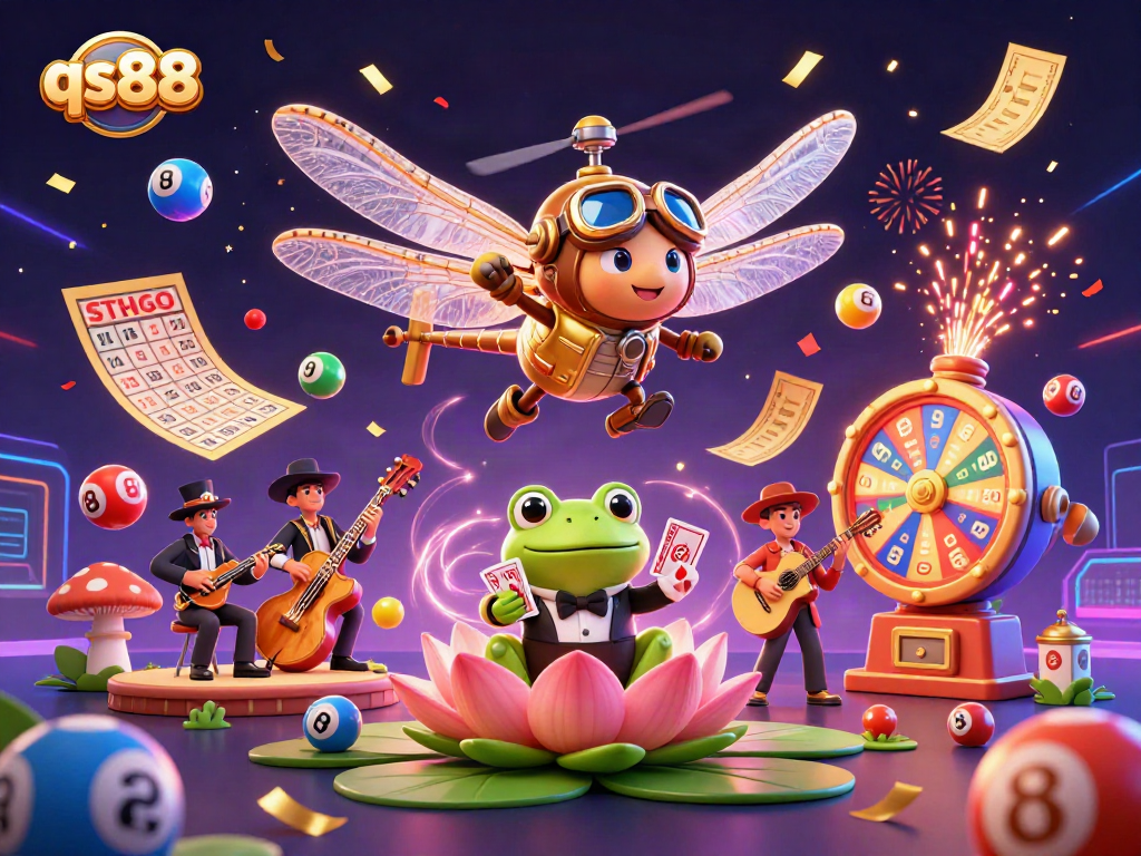 qs88 captivates players with vibrant casino elements, featuring a dragonfly pilot and frog croupier in action.