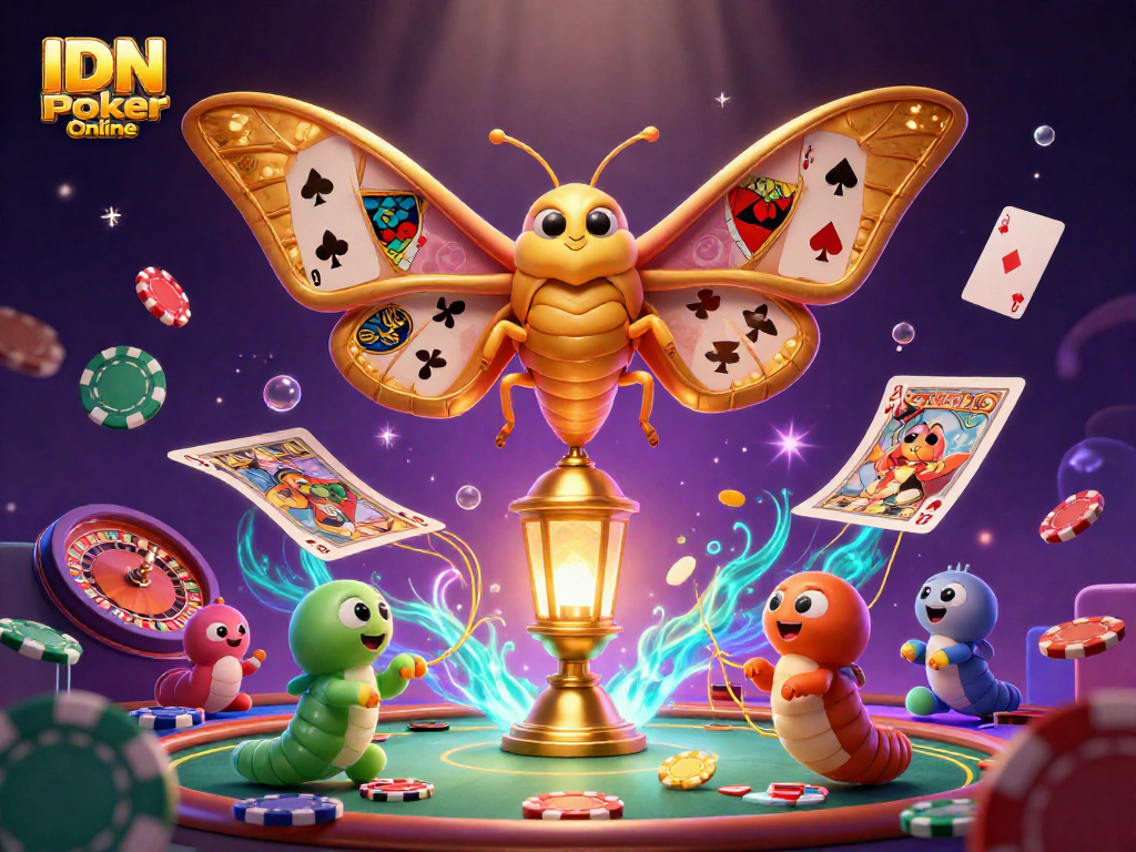 Engage with IDN Poker Online in a vibrant casino scene featuring dynamic poker elements and golden symbols.