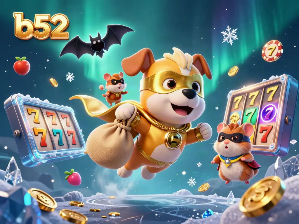 Join the adventure at B52 with our superhero dog and hamster celebrating casino wins!