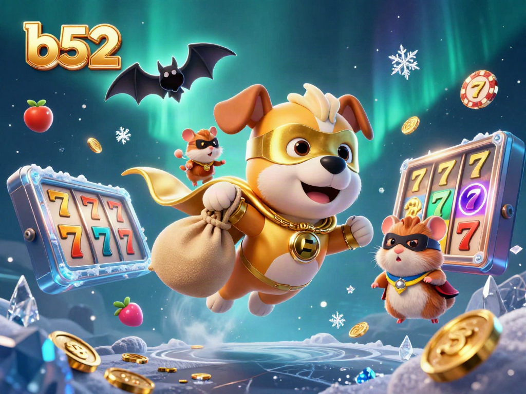 Join the adventure at B52 with our superhero dog and hamster celebrating casino wins!