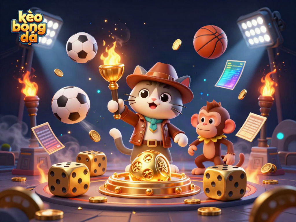 Engaging 3D illustration showcasing kèo bóng đá with a cat explorer discovering a golden casino artifact surrounded by sports elements and dynamic lighting effects.
