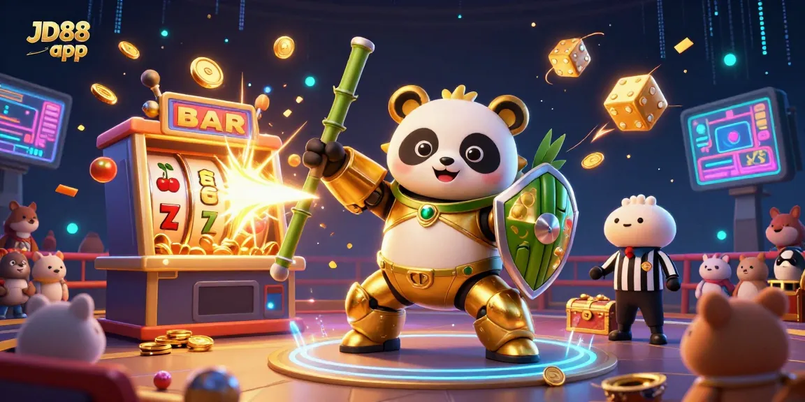 Experience the thrill of gaming with JD88 app featuring a dynamic 3D panda robot in a casino adventure.