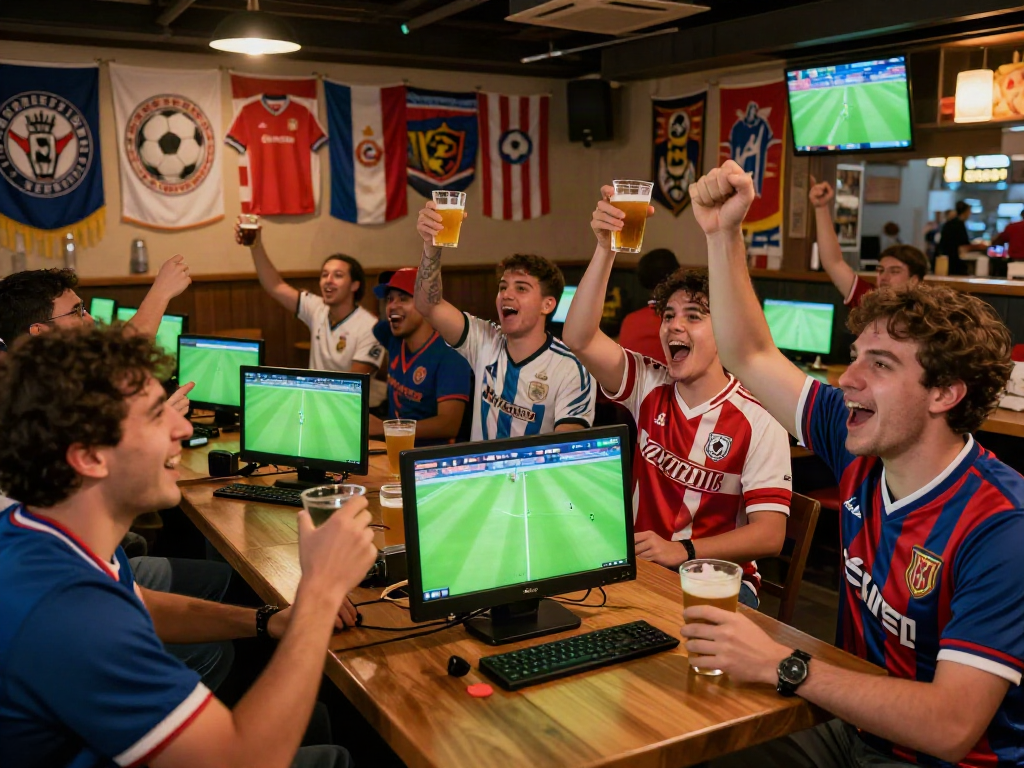 Excited fans enjoying a football match at Gavangtv's sports bar.