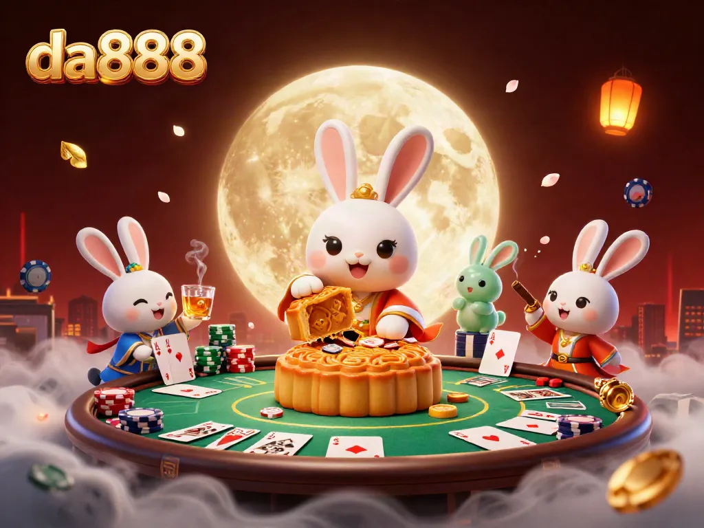 Experience da888 with a 3D moon rabbit crackling golden mooncakes revealing poker chips amidst vibrant casino elements.