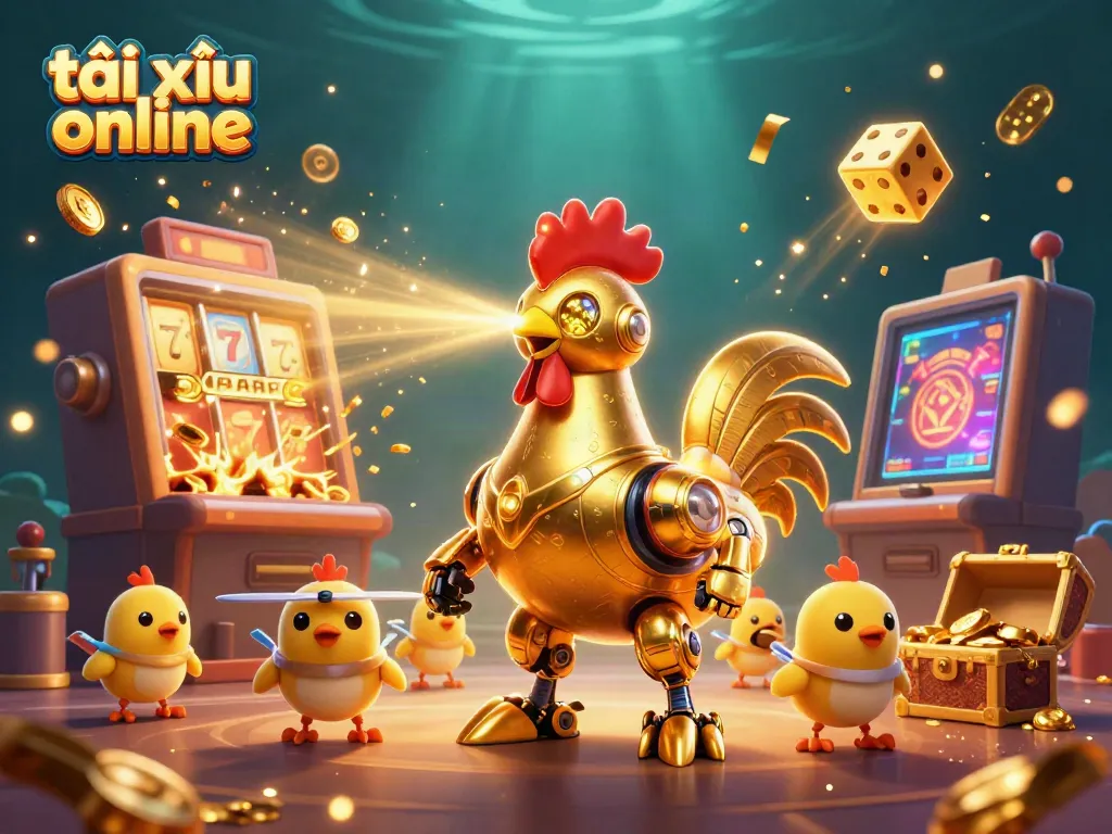Engage in thrilling tài xỉu online with a dynamic scene featuring a futuristic rooster robot and exciting casino elements.