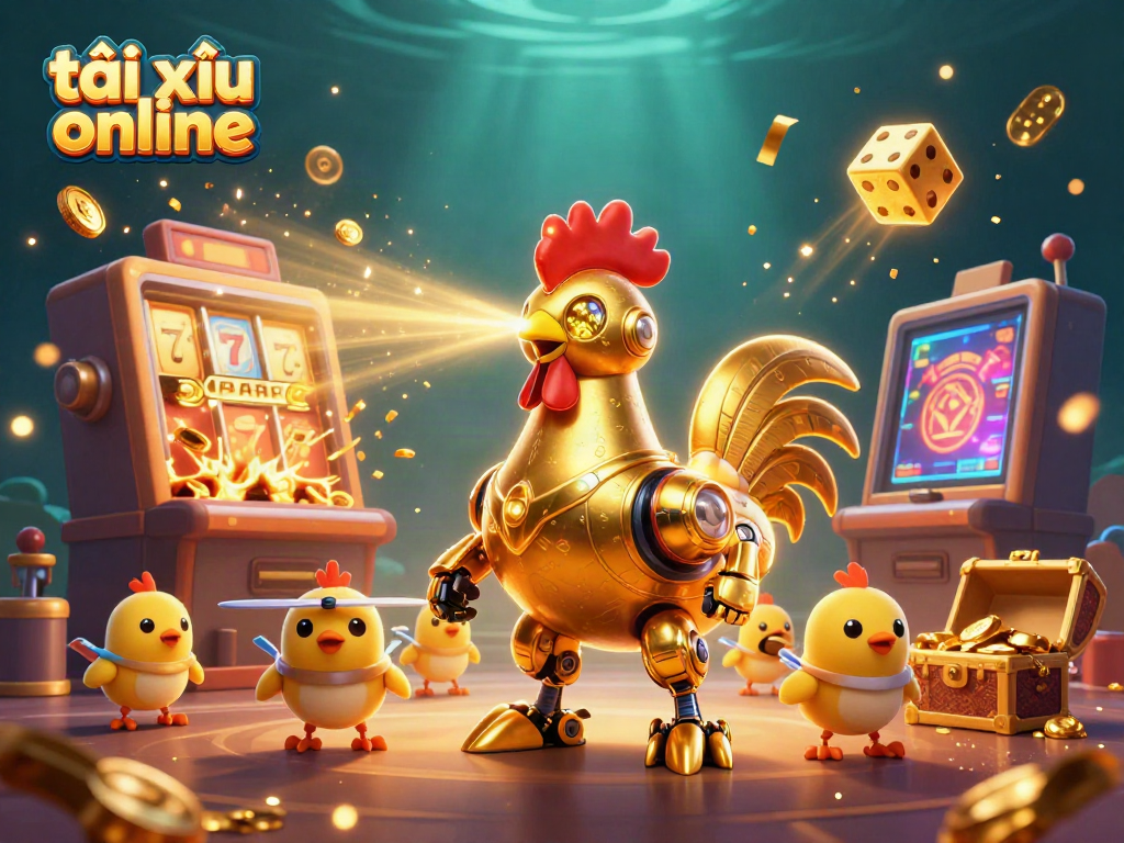 Engage in thrilling tài xỉu online with a dynamic scene featuring a futuristic rooster robot and exciting casino elements.
