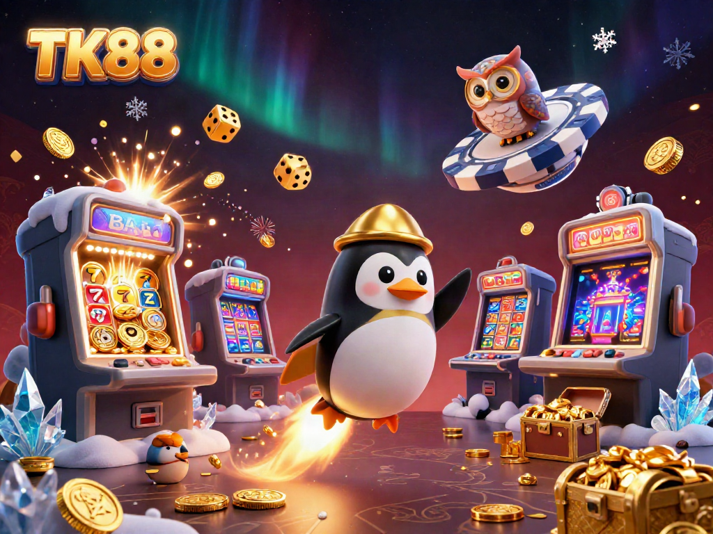 Engage with TK88's exciting 3D vibrant casino adventure, featuring a golden penguin and jackpot elements.