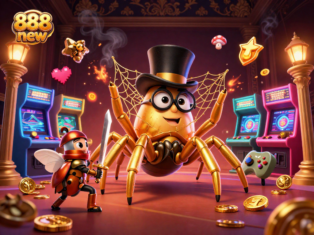 Experience the thrill of the 888 new casino scene with a golden tarantula, knight, and vibrant game elements.