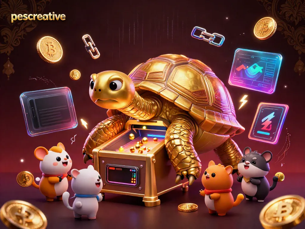 Experience exhilarating gameplay with pescreative's cartoon tortoise pinball machine surrounded by vibrant crypto coins.