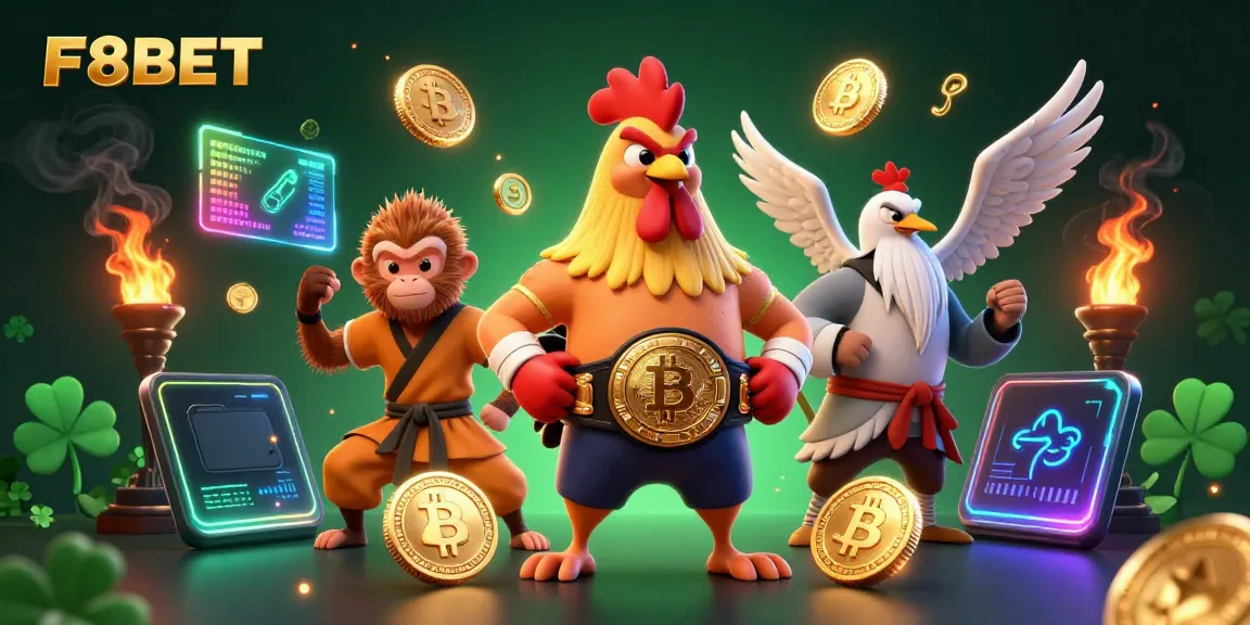 Place bets with F8BET, featuring vibrant 3D characters in a lively casino scene.