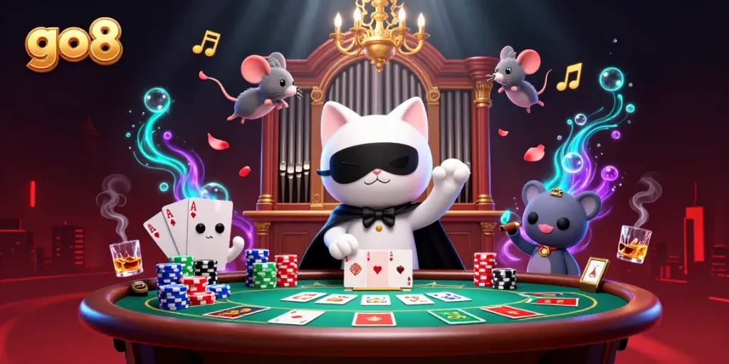 Engage with go8's vibrant casino scene featuring a masked cat and a mouse acrobat celebrating wins.