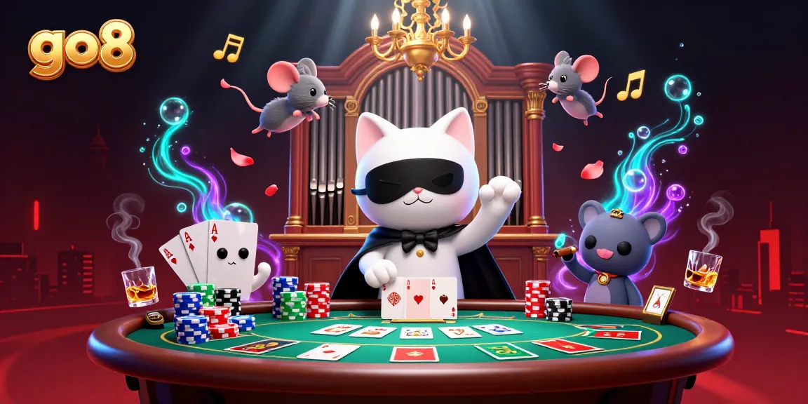 Engage with go8's vibrant casino scene featuring a masked cat and a mouse acrobat celebrating wins.