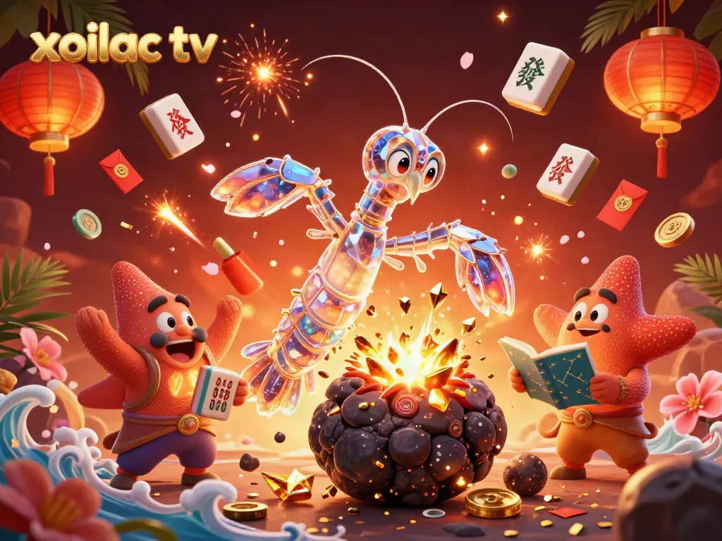 Xoilac TV showcases an engaging live streaming experience with dynamic gold coin explosions and vibrant celestial creatures.