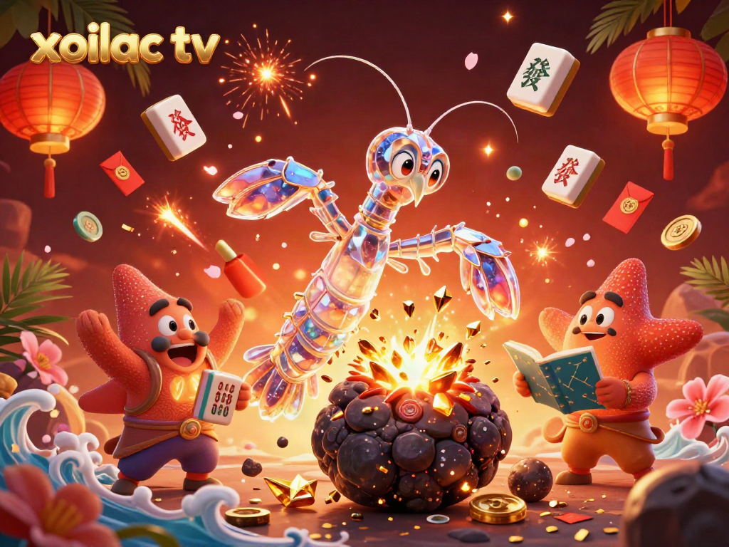 Xoilac TV showcases an engaging live streaming experience with dynamic gold coin explosions and vibrant celestial creatures.