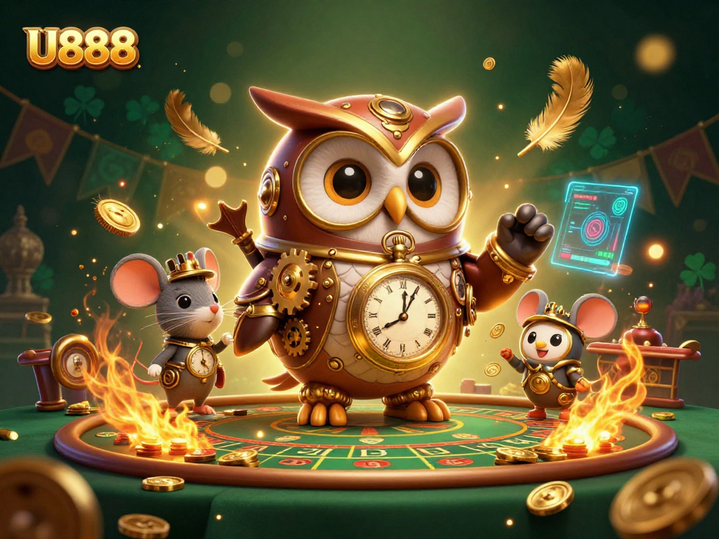 Experience thrilling gameplay with U888 in a vibrant 3D casino scene featuring a steampunk owl and clockwork mouse.