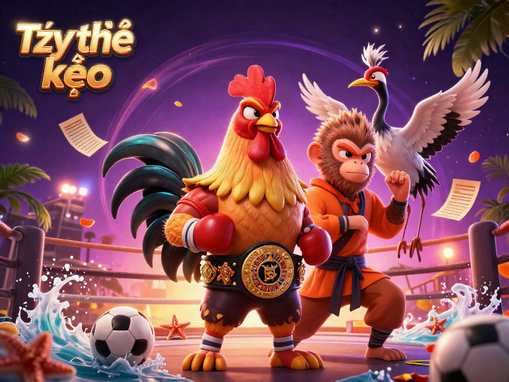 Tỷ lệ kèo sports betting dynamic scene featuring playful characters and energetic betting elements.