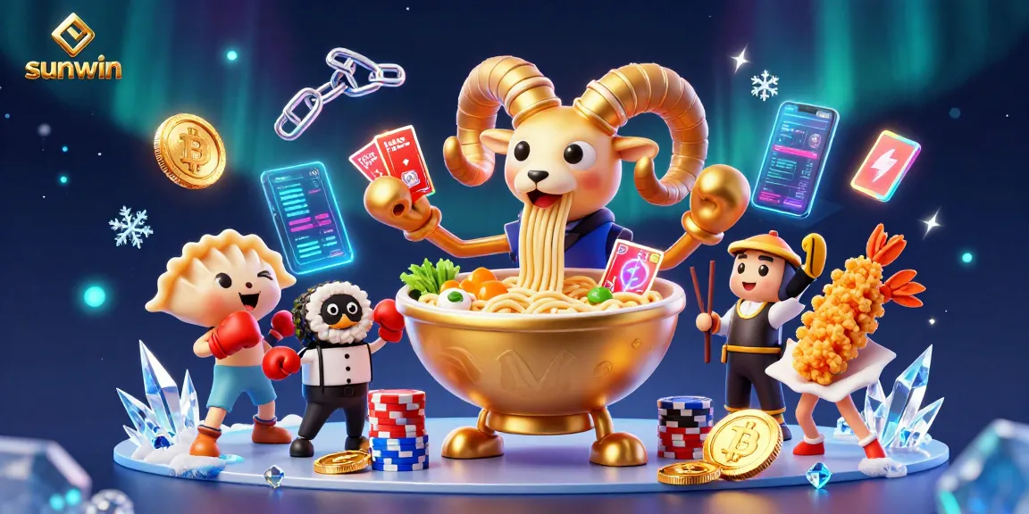 Win big with sunwin's vibrant casino scene featuring animated characters and cryptocurrency elements.
