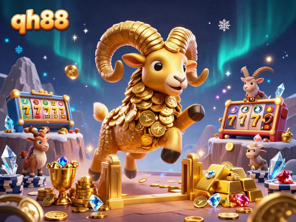 Experience the thrill of qh88 with a charging golden ram amidst a cascade of gleaming casino elements.