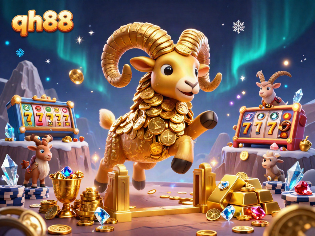 Experience the thrill of qh88 with a charging golden ram amidst a cascade of gleaming casino elements.