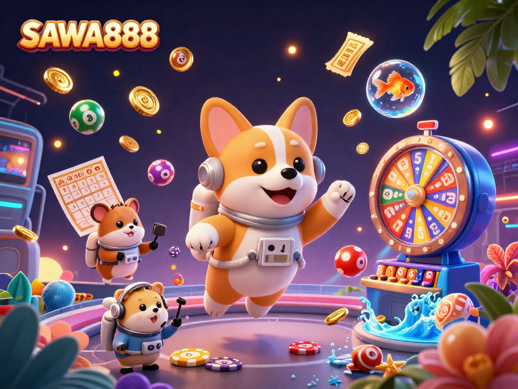 Experience thrilling gaming adventures with SAWA888 in a vibrant space casino scene featuring lively characters