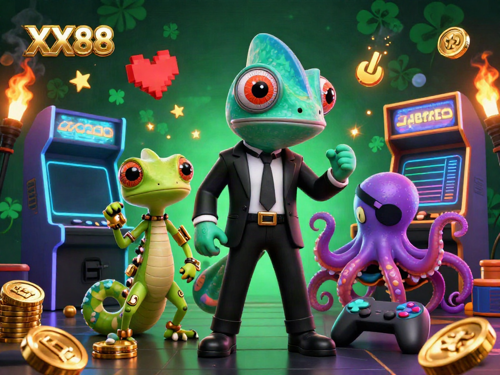 Experience thrilling gameplay with XX88 in this vibrant 3D casino illustration featuring colorful classic gaming elements.