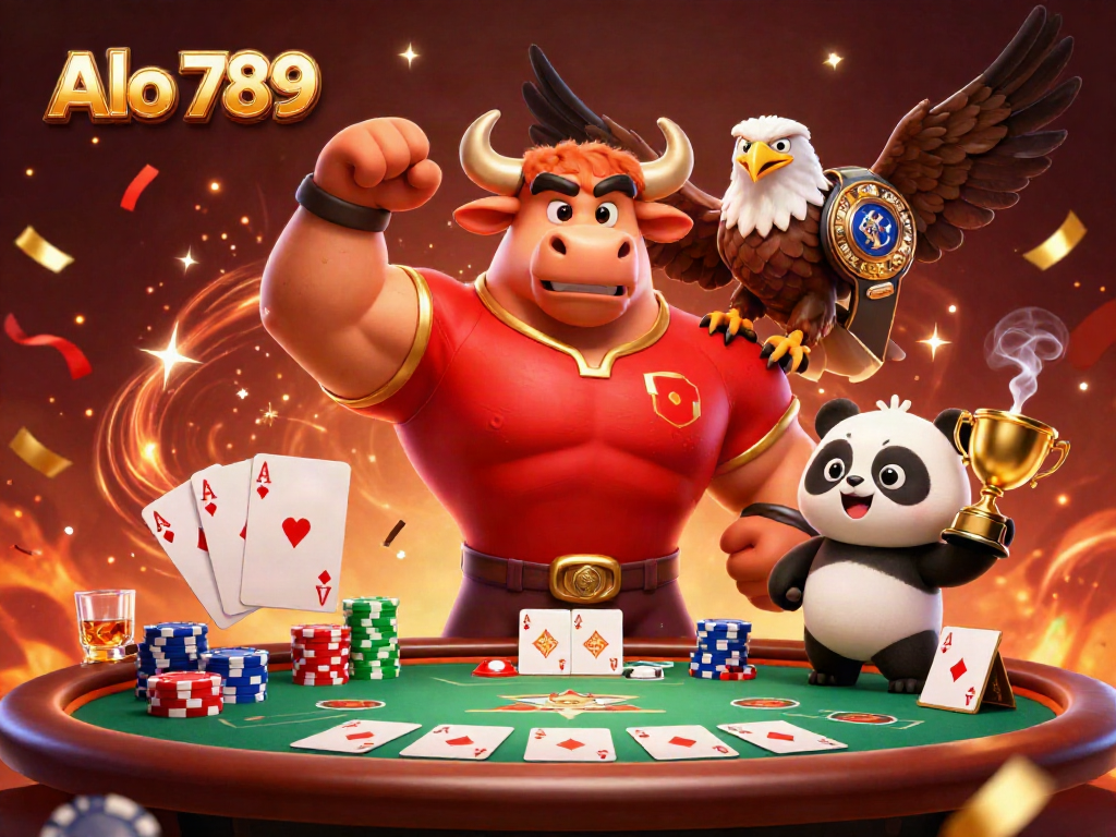 Alo 789 celebrates big wins with a jovial bull, eagle champion, and award-winning panda amid vibrant casino action.