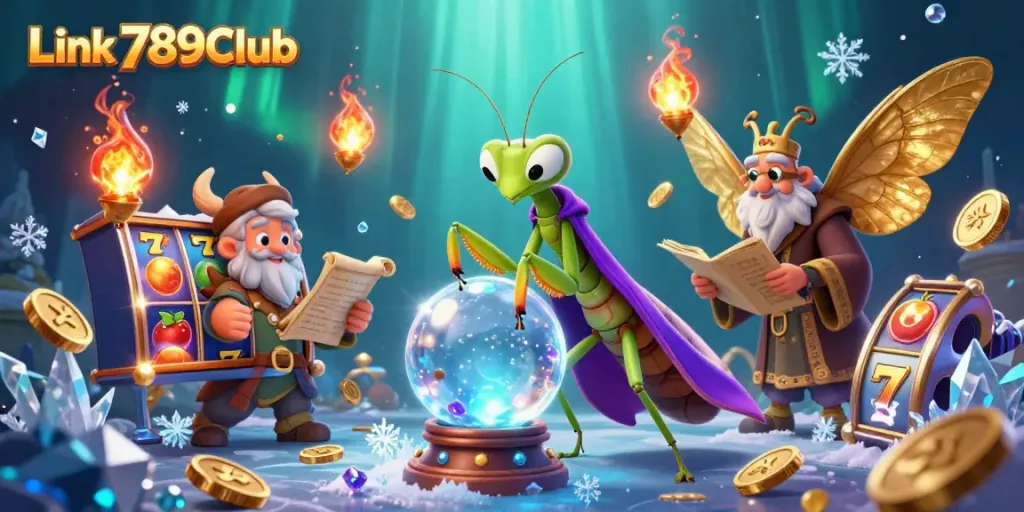 Experience the exciting Link 789Club with a fortune teller and librarian in a vibrant casino scene.