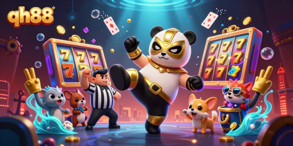 Experience thrilling gameplay with qh88: A vibrant wrestling scene packed with joyful spectators, animated casino elements, and playful characters.