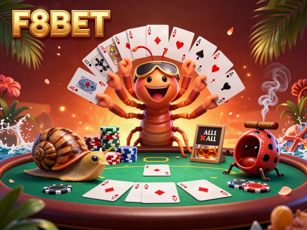 Join the excitement at F8BET with a dynamic casino scene featuring a unique millipede dealer and a high-stakes atmosphere.