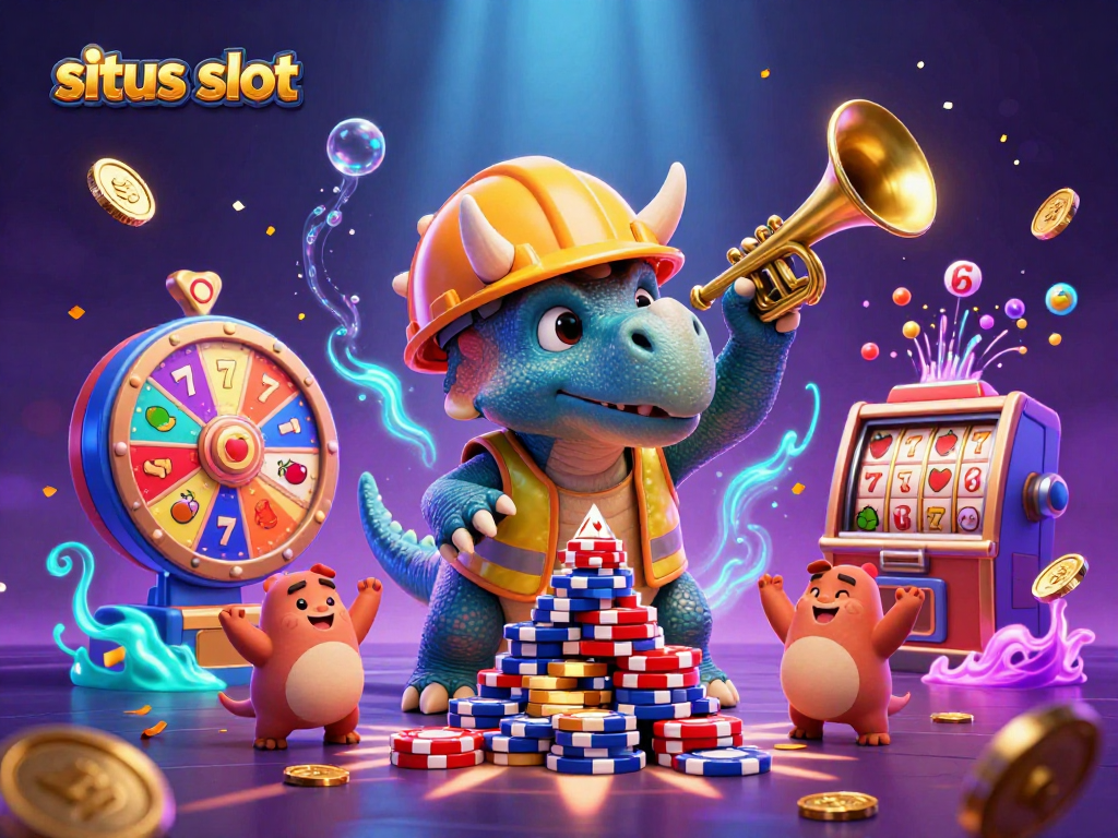 Situs slot game action with a dinosaur-themed 3D scene full of colorful slot reels and vibrant casino elements