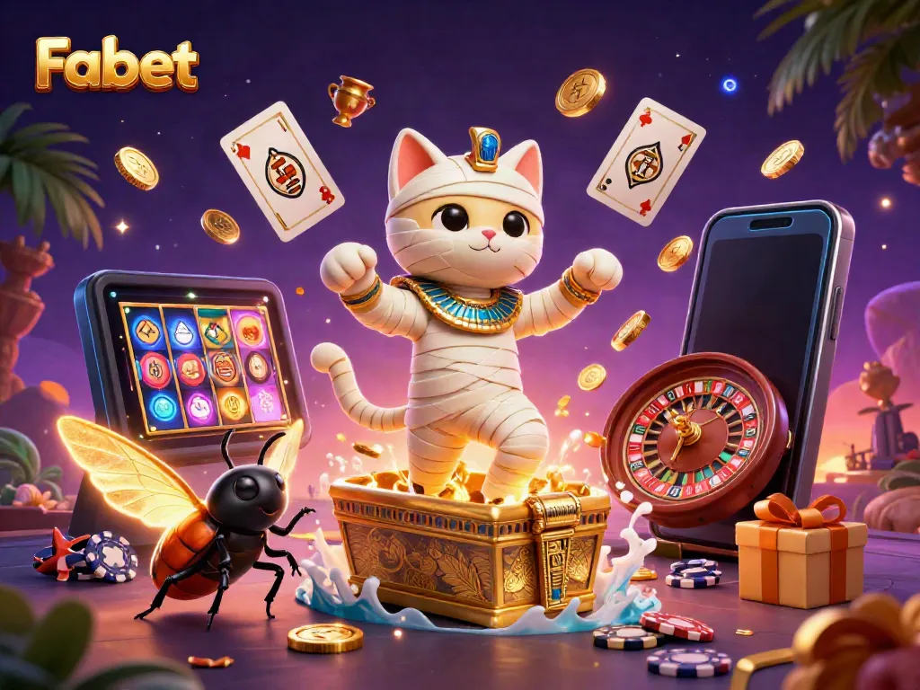 Experience the thrill of Fabet's online casino with a vibrant 3D illustration featuring a mummy cat and gaming elements.