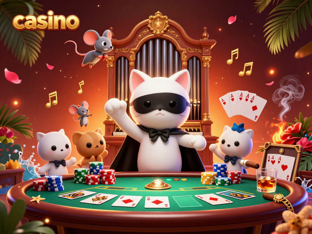 Engage in a vibrant casino scene featuring a phantom cat, mouse acrobat, and dynamic poker elements.