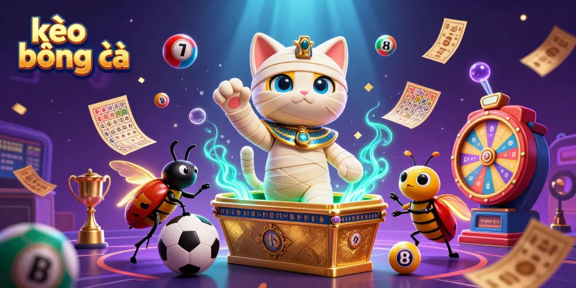 Engage in kèo bóng đá with this dynamic scene of a mummy cat and glowing beetle in a vibrant sports casino.