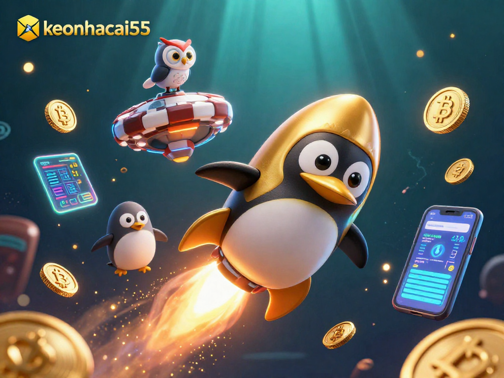 Experience excitement with keonhacai55 in a vibrant 3D casino illustration featuring a golden penguin and crypto coins.