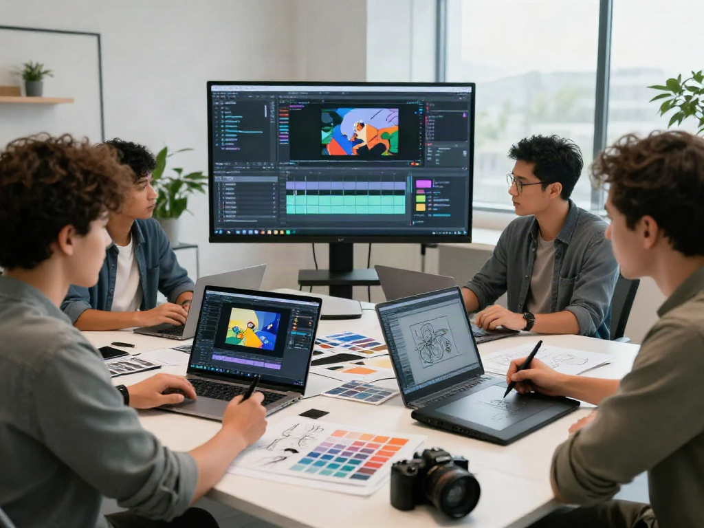 Creative team collaborating on dynamic nsfw ai content in modern studio.