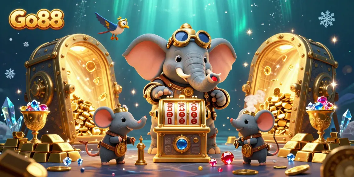 Spin the Go88 slot with a steampunk elephant engineer in an ultra-detailed 3D casino scene.