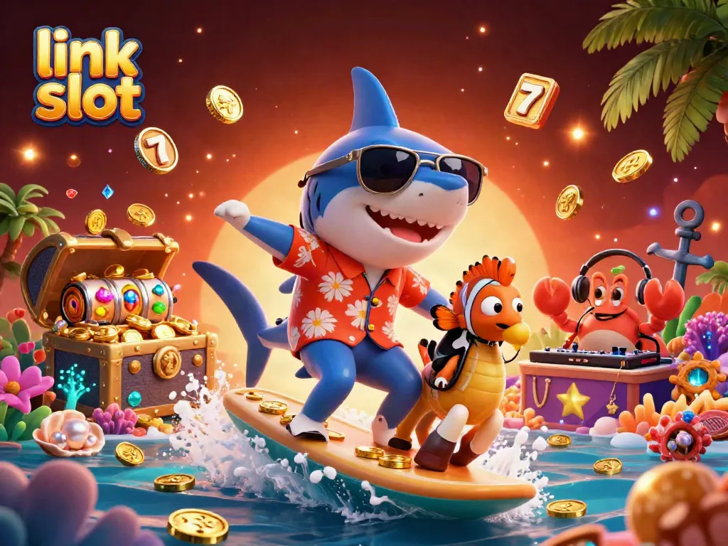 Engage with link slot strategies through a vibrant 3D scene featuring animated ocean characters above floating slot reels.