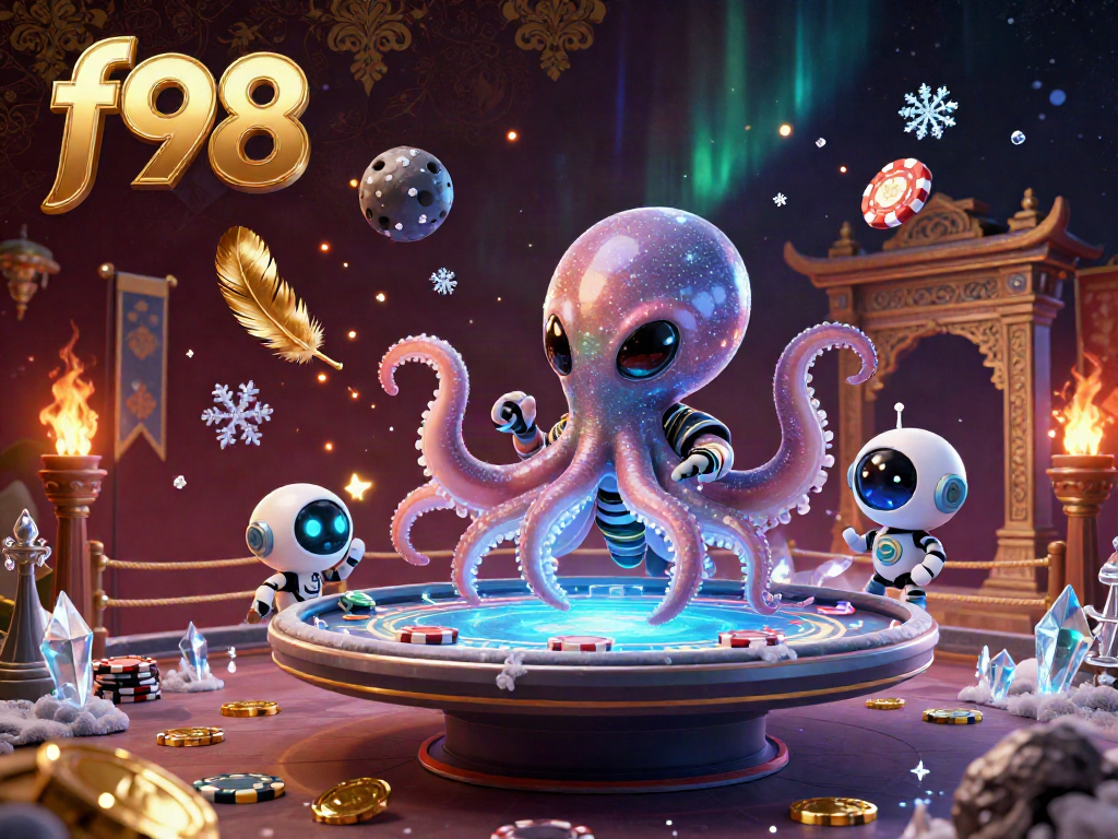 Join the excitement of f98 gaming as a cartoon alien octopus deals cards at a holographic poker table.