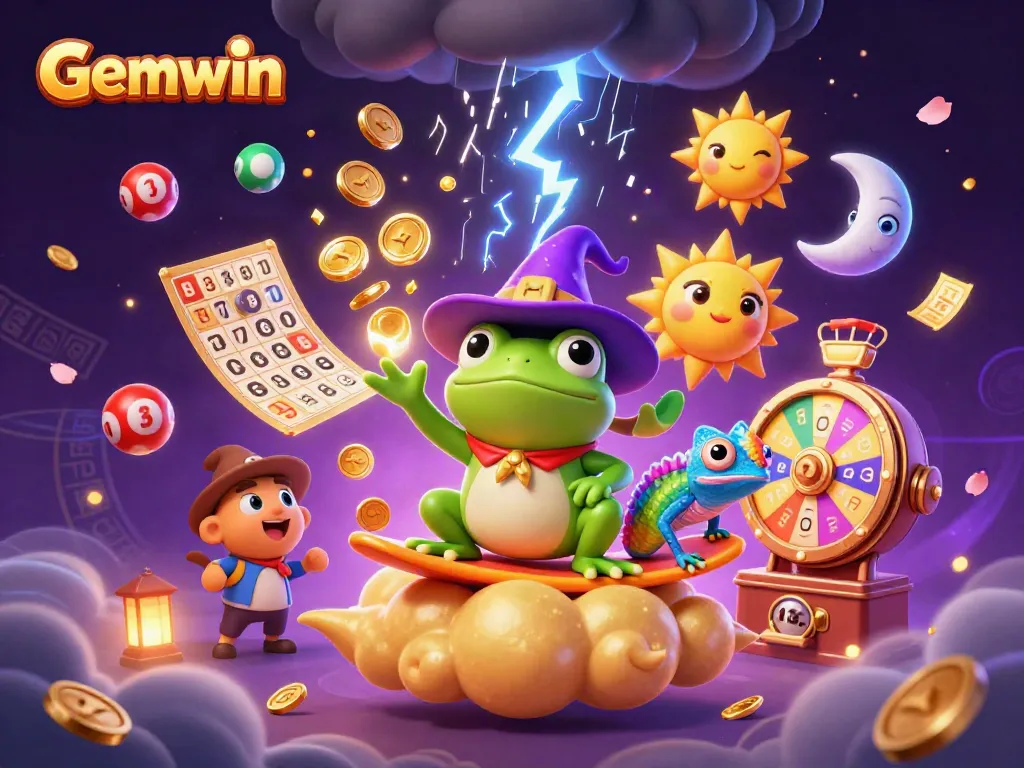 Gemwin offers a thrilling casino experience with golden coins, lottery elements, and vibrant characters.
