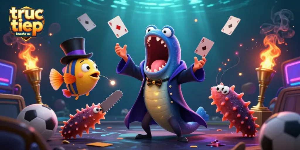 Engage with truc tiep keo nha cai as a bioluminescent eel performs magic tricks amidst glowing betting slips and sports elements.