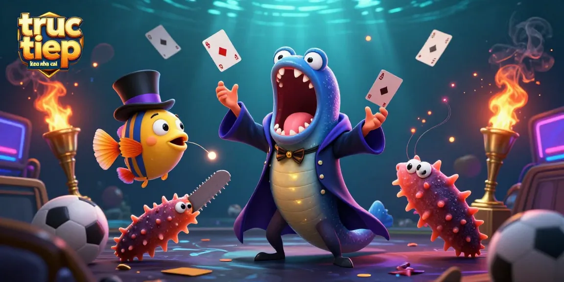 Engage with truc tiep keo nha cai as a bioluminescent eel performs magic tricks amidst glowing betting slips and sports elements.