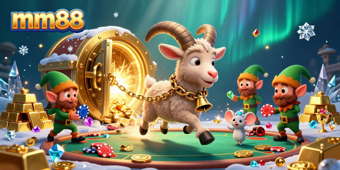 Engage with mm88's lively casino scene featuring a playful Krampus goat, angel mouse, and elf gremlins stealing chips.