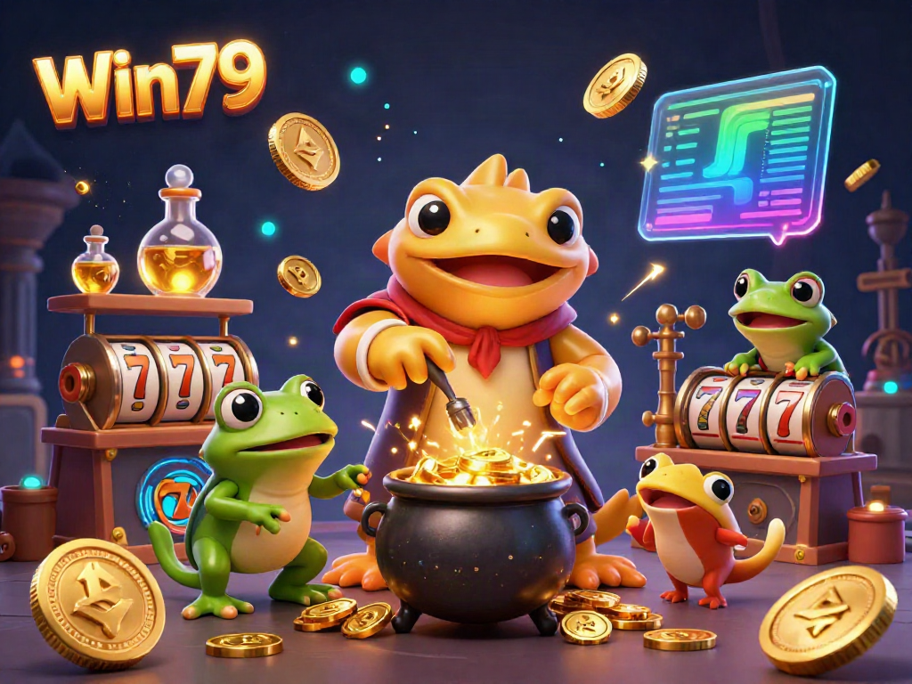 Win79 showcases spectacular gold coins and vibrant slot symbols, creating a lively digital casino atmosphere.