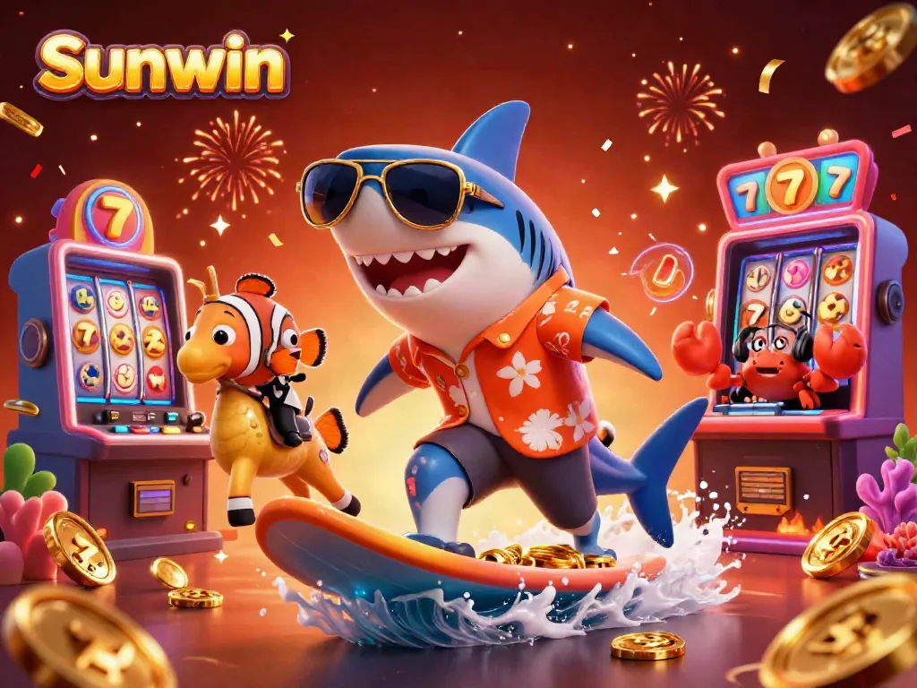 Sunwin's vibrant casino illustration featuring a shark and friends amidst golden coins and slot machines.