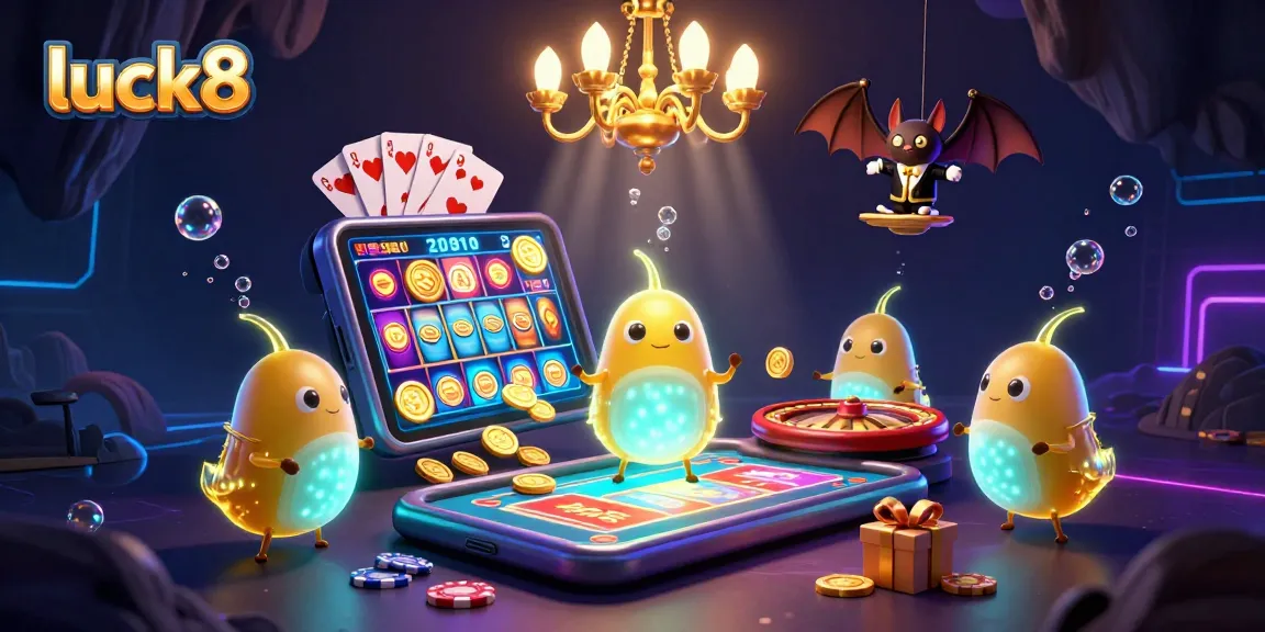 Experience the thrill at luck8 with vibrant glowworms lighting a lively casino scene.